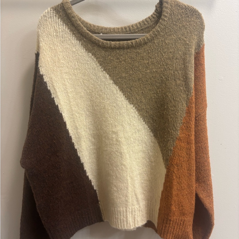 Earthbound Trading Co Colorblock Sweater in Brown, Cream, and Tan